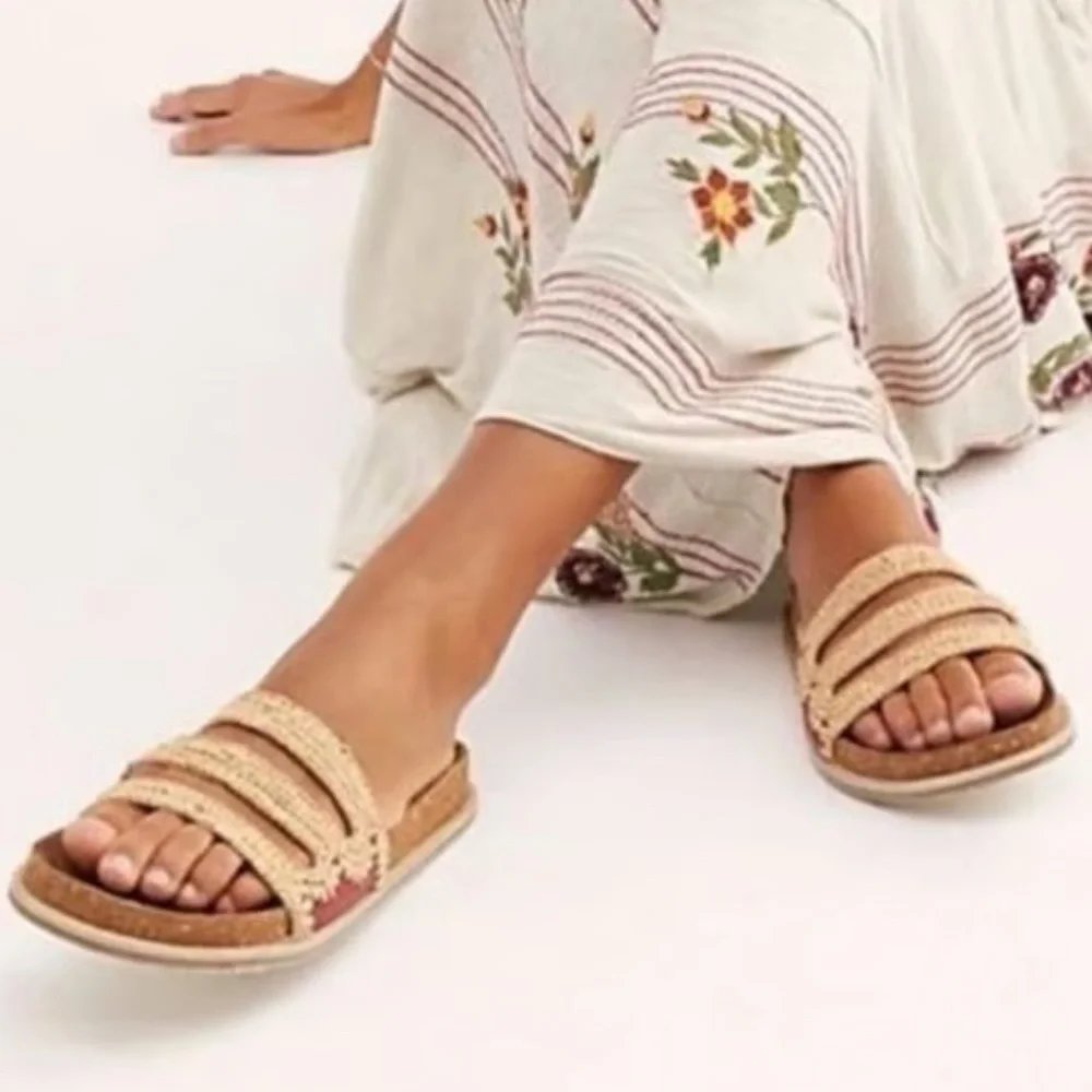 Free People Crete Cream Footbed Sandals with red accents